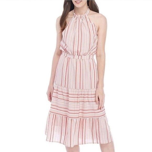 Kaari Blue Coral Tan Striped Halter Tier Dress Size Small Petite NWOT - Picture 1 of 6